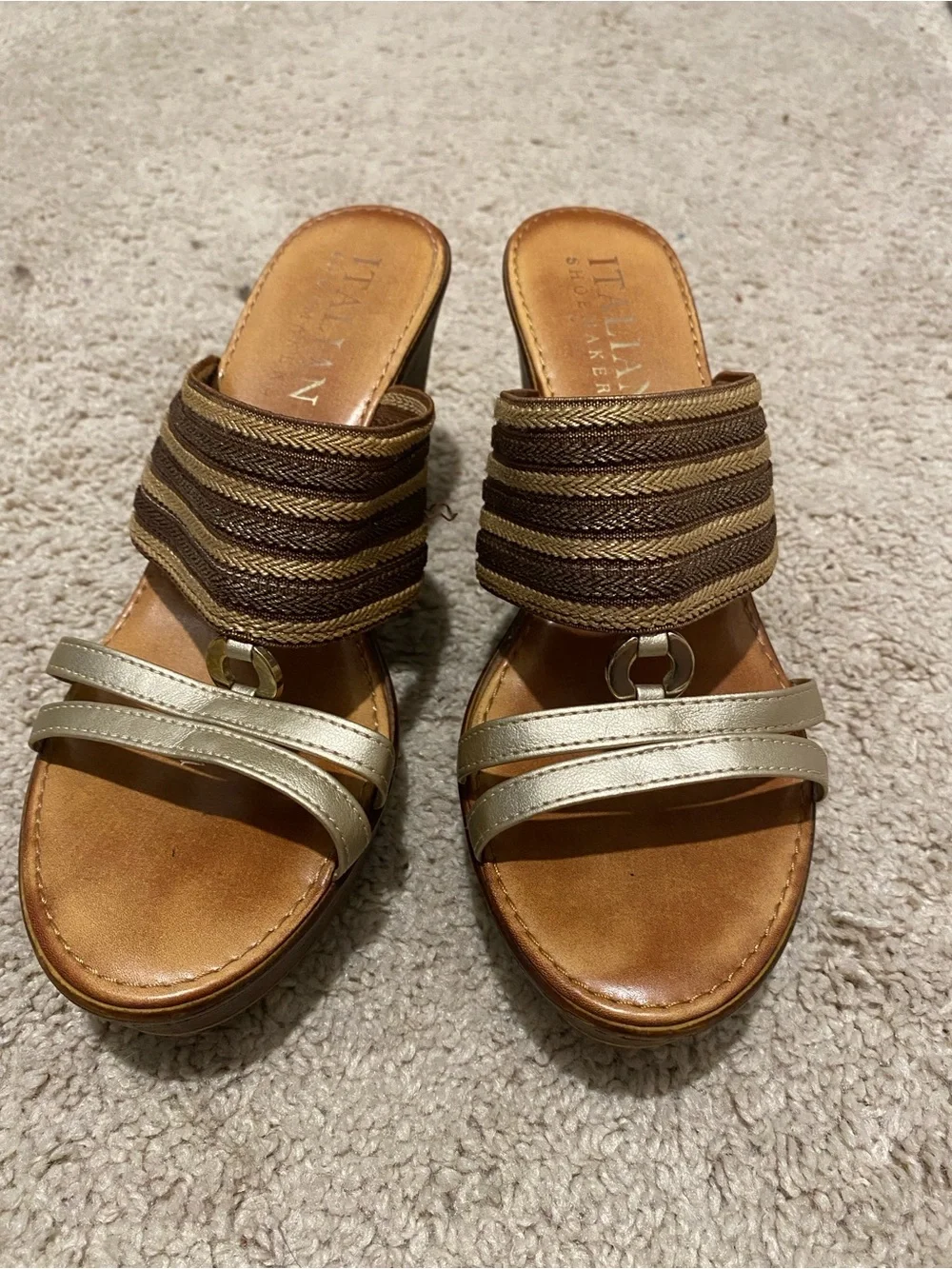 Italian Shoemakers Brown and Gold Woven wedges